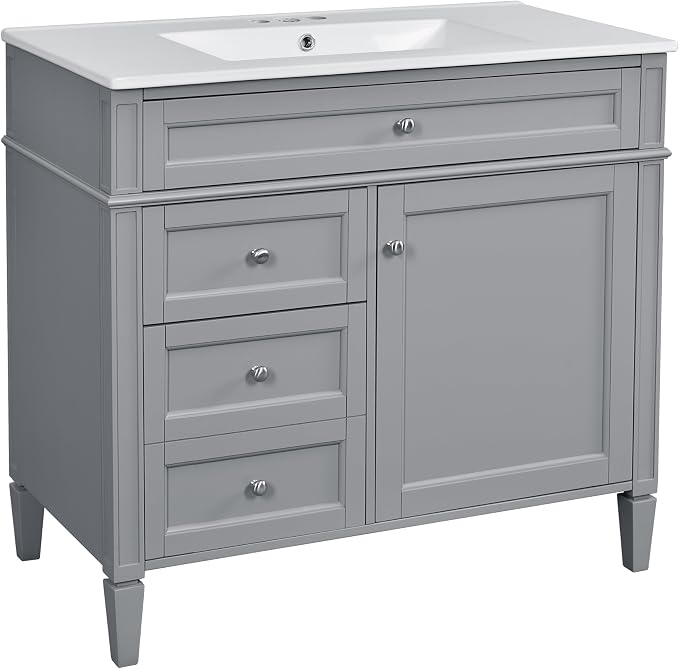 Merax 36 Inch Bathroom Vanity with Top Sink, Modern Bathroom Storage Cabinet with 2 Drawers and a Tip-Out Drawer, Solid Wood Frame Single Sink Bath Vanities, Gray