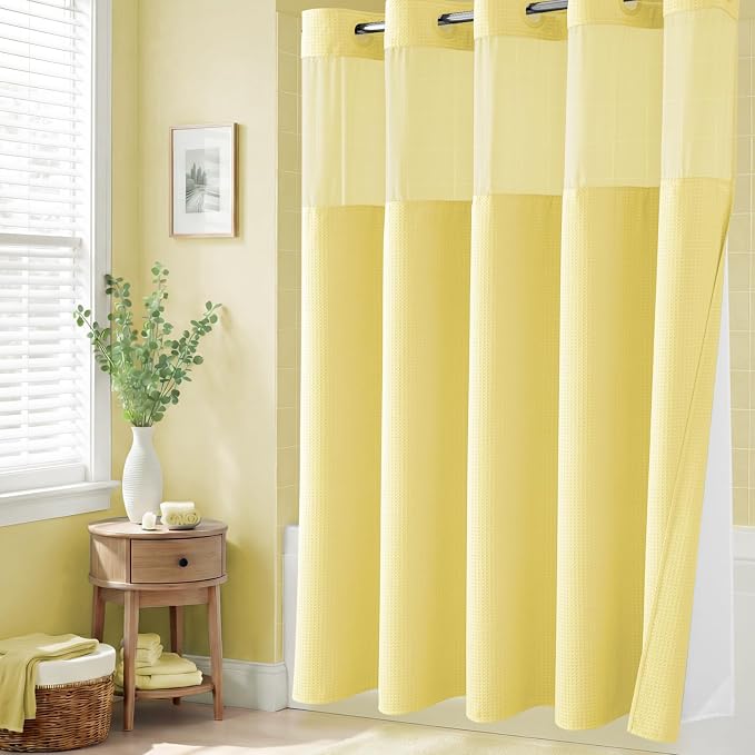 Yellow Hook Free Waffle Shower Curtain & Snap Fabric Liner,72x87 | Less Time to install, 3 in 1 Fabric Shower Curtain and Liner Set with Magnets, Extra Long, Shower Curtains for Bathroom