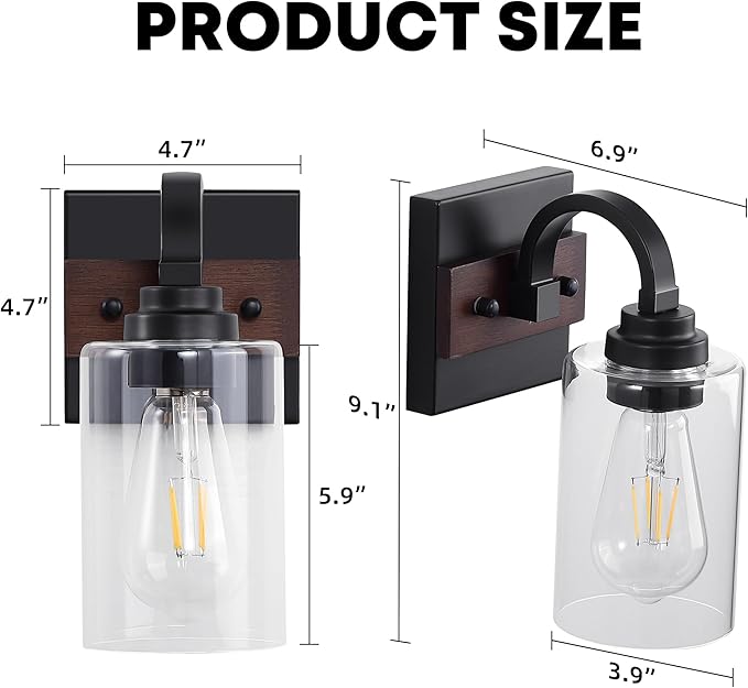 Mecgirn 1-Light Black Wall Sconces, Farmhouse Vanity Light Fixtures for Bathroom, Wood Wall Lighting with Clear Glass Shade, Wall Sconce for Hallway, Entryway, Bedroom, Living Room