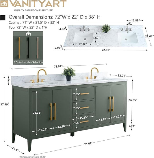Vanity Art 72 inch Bathroom Vanity with Double Sink & Ceramic Top, Vanity Cabinet with Soft-Closing Doors, Drawers, Solid Wood Frame, Vintage Green, Brushed Nickle Handware