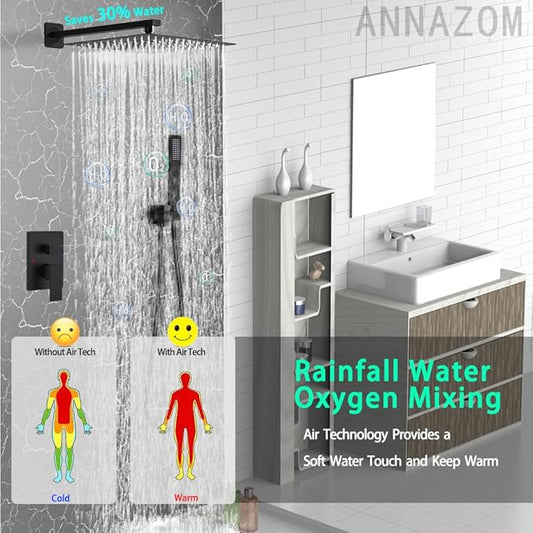 Rainfall Shower System Matte Black Shower Faucet Set with High Pressure 12inch Shower Head Hand Held Square Shower Head Bathroom Luxury Rain Mixer Shower Complete Combo Set Wall Mounted