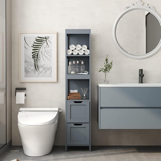 HOMEFORT Bathroom Storage Cabinet, Slim Tall Cabinet, Narrow Floor Cabinet Organizer, Wooden Linen Tower with 2 Drawers and 3 Shelves, Freestanding Storage Cupboard Grey