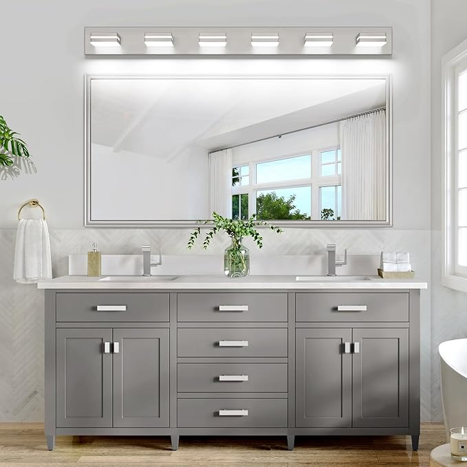 SineRise LED Modern Bathroom Vanity Light Fixtures, Modern Acrylic Bathroom Wall Lighting Fixtures Over Mirror, 6-Light, 48-Inch, Nickel, White
