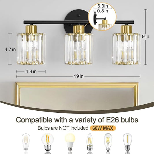 Modern Black Gold Crystal Bathroom Light Fixtures,3-Light | Bathroom Lighting Fixtures over Mirror,Vanity Lights for Mirror, Restroom(Ceramic E26 Socket,Bulbs Not Include)