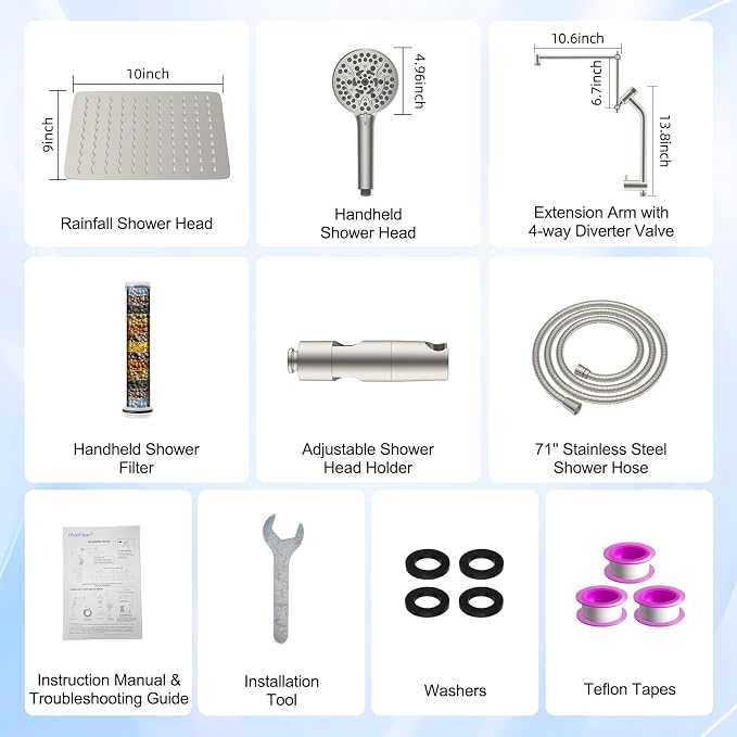 Metal 10" Rain Shower Head with Handheld, 10-Mode with Filter, Easy Reach | Brushed Nickel, High-Pressure Rainfall Showerhead, 4-Way Diverter Pause Mode, Adjustable 16" Extension Arm/71" Hose/Holder