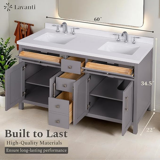 Lavanti Oakford 60 Inch Bathroom Vanity with Sink – Stylish Gray Vanity Bathroom with Storage Cabinet – Modern Bathroom Vanities with Double Vanity Sink & Quartz Countertop