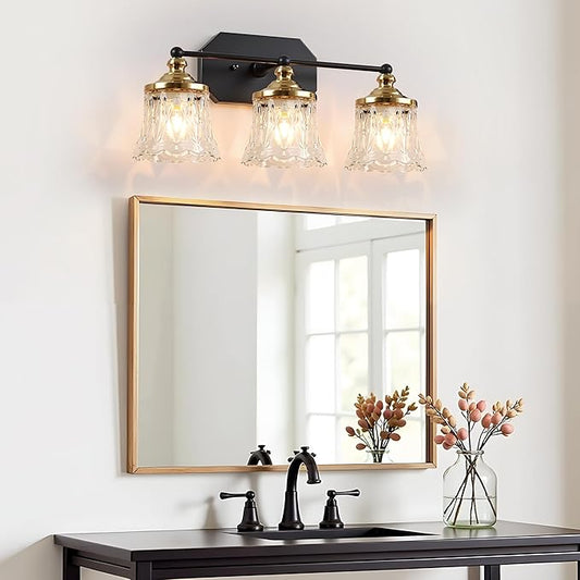 Vintage Bathroom Vanity Light Fixtures, Black and Gold 3-Light Vanity Light, Antique Bathroom Lighting Fixtures Over Mirror with Crystal Glass Shade, Vanity Lights for Bedroom Living Room Hallway