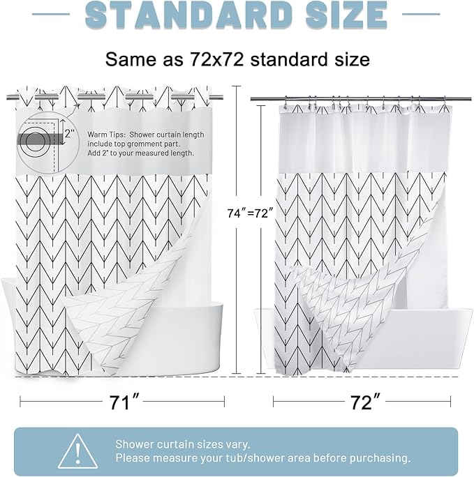 Herringbone No Hook Shower Curtain with Liner, Black White 71 x 74 | Stripe Pattern,Waterproof,Quick Dry,Mesh Top Window,Bottom Magnets,Hotel Style,Machine Washable,Modern,for Bathroom