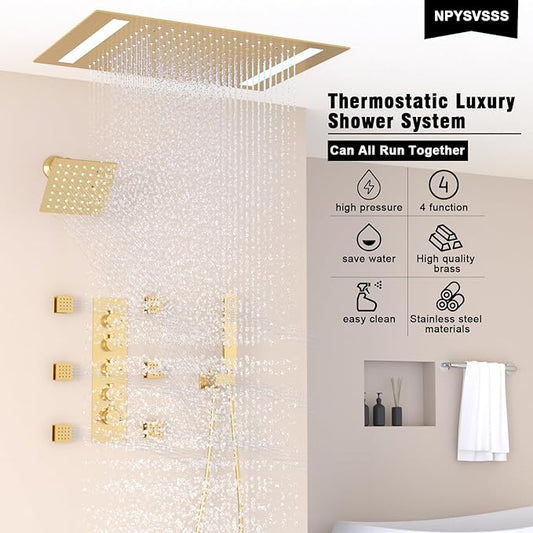 Thermostatic Shower System with 14x20 Inch Ceiling Mount LED Head & 6 Inch Wall Head and Handheld Shower 4 Function Vale with body jets Can All Run Together,Brushed Gold