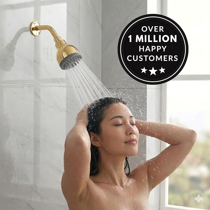 High Pressure Shower Head - 1.8 GPM - Polished Brass | Best 3 Inch Wall Mount Bathroom Showerhead For Boosting Low Flow With Anti-Clog Nozzles, Adjustable Brass Ball Joint