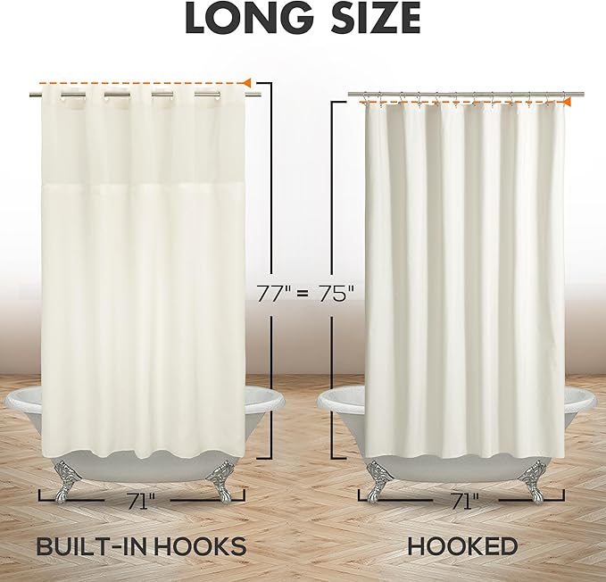 River Dream No Hook Long Shower Curtain with Snap-in Liner, Sand, 71x77 | Snap on/off Waterproof PEVA Liner, See Through Top Window, Slub Textured, Hotel Style Shower Curtain Set, Longer Size