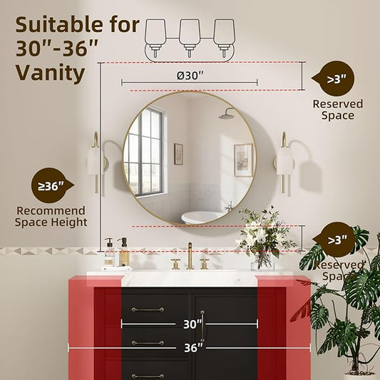 30 x 30 in Round Gold Mirror Medicine Cabinet Surface Mounted, Circular Modern Bathroom Medicine Cabinet with Mirror, Metal Framed Medicine Cabinets with Tempered Glass Mirror