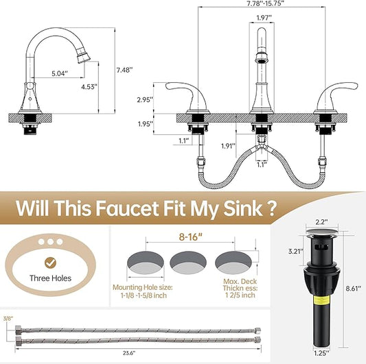 Bathroom Faucet 3 Holes, 8 Inch Widespread Faucet 2 Handle Bathroom Sink Faucets Lead-Free Brushed Nickel Bath Sink Faucets with Pop-up Drain Stopper and Supply Hoses