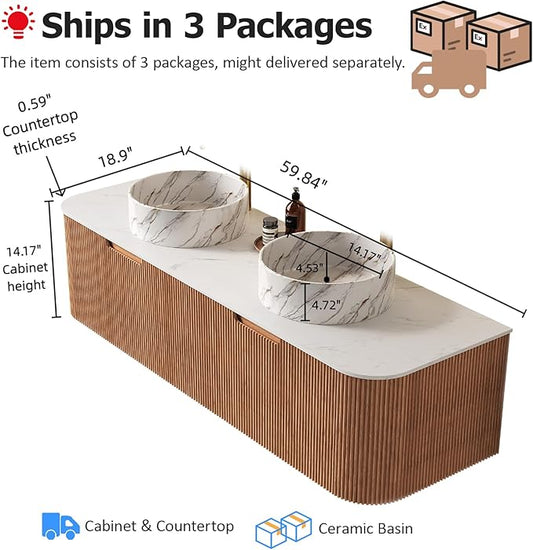 60 inch Plywood Bathroom Vanity with Double Sink, Nature Wood | Plywood Cabinet, Single Sink, Doubel Sink, Ceramic Basin & Marble Countertop, Pre-Assembled