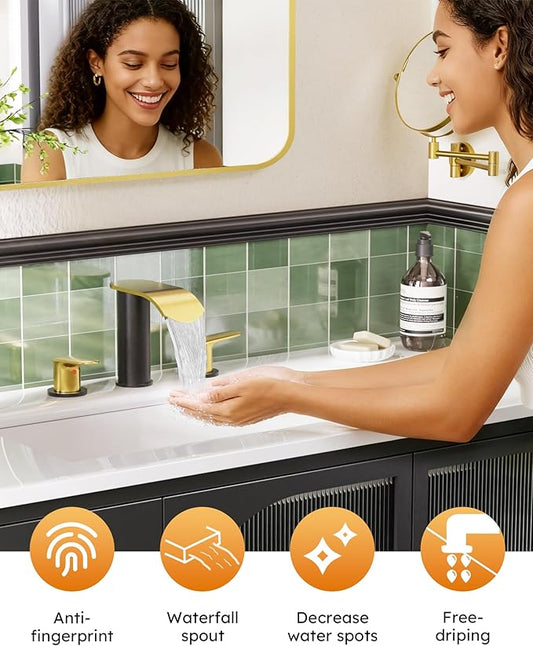 WOWOW Waterfall Bathroom Faucet 3 Holes 8Inch Widespread Bathroom Sink Faucet, Two Handles Lavatory Vanity Sink Faucets with Pop-up Drain & Supply Hoses, Modern Faucet Mixer Taps Black and Gold