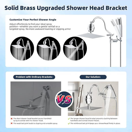 Hibbent All Metal 10'' Filtered Rainfall Shower Head Combo, High Pressure Handheld Shower Wand, 12'' Adjustable Curved Extension Arm, 20 Stage Shower Filter, 71'' Hose, Shower Head Holders, Chrome