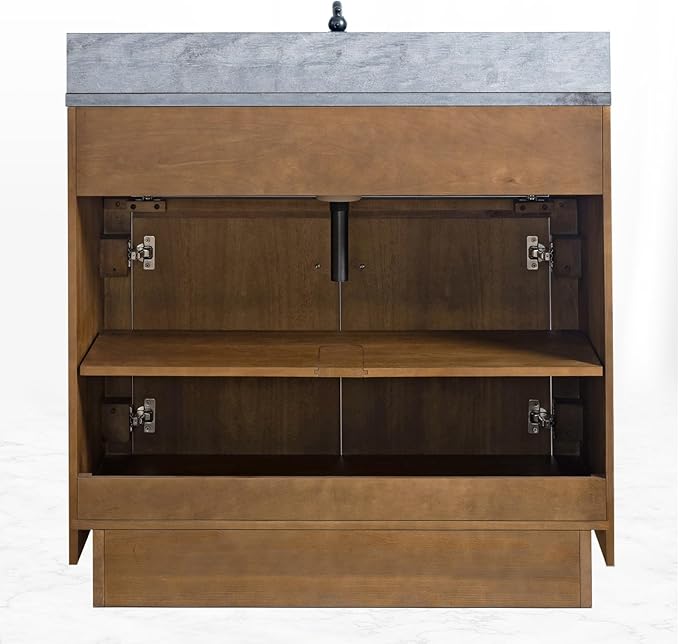 HOMEBEYOND 36" Bathroom Vanity with Single Sink & Ceramic Top, MDF Material Vanity Cabinet with Basin Combo, Soft-Closing Doors, Removable Shelf, Backsplash, Tan