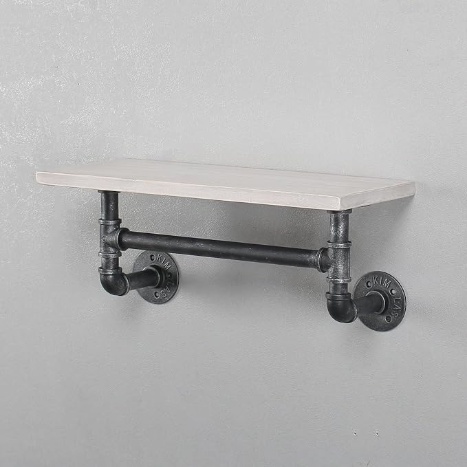 Industrial Pipe Shelf Bathroom Shelves Wall Mounted,19.6in Rustic Wood Shelf with Towel Bar,1 Tier Farmhouse Towel Rack Over Toilet,Pipe Shelving Floating Shelves Towel Holder,Retro White