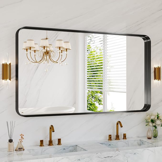 Black Metal Vanity Rounded Rectangle Bathroom Mirrors for Over Sink Wall | 55x30 Inch Large Matte Mirror, Anti-Rust, Modern Decorative for Restroom, Farmhouse