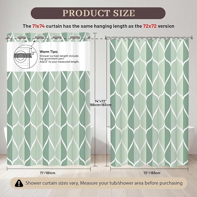 Gelbchu Dark Green No Hook Shower Curtain with Snap-in Liner, 71 x 74 Inch | Built-In Hooks, Mesh Top Window, Water-Repellent, Machine Washable, Quick Drying, Premium Polyester, Hotel Style, Modern