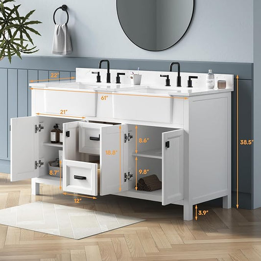 60 Inch Bathroom Vanity with Double Sink, Solid Wooden Frame Bathroom Storage Cabinet, Modern Bathroom Vanities Set Bathroom Cabinet with Soft Closing Doors & Drawers-White