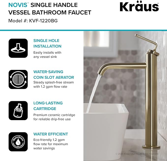 KRAUS Ramus Single Handle Vessel Sink Bathroom Faucet with Pop-Up Drain in Brushed Gold, KVF-1220BG-2PK