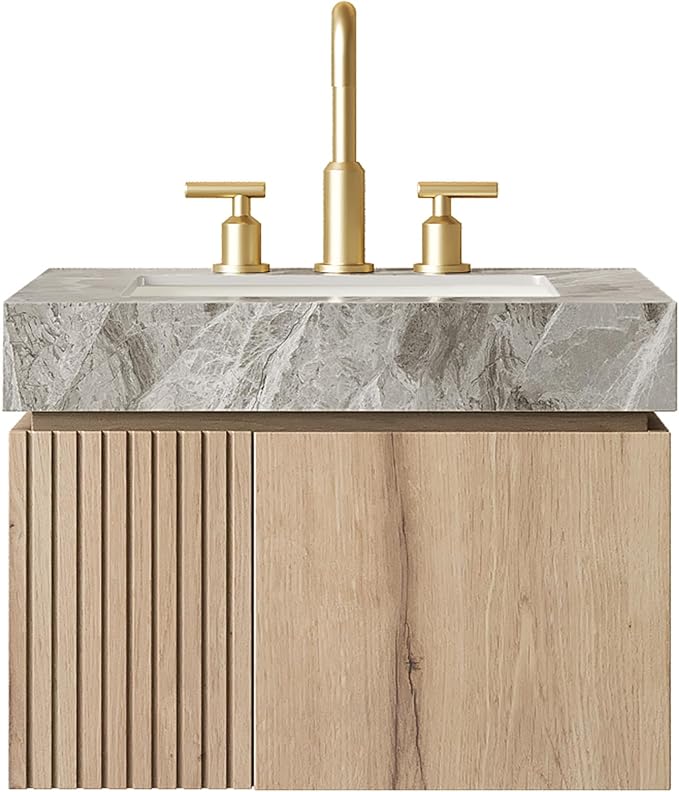KEIKI 24 Inch Floating Bathroom Vanity with Sink, White Oak & Grey | Modern Wall Mounted Storage Cabinet with 2 Doors, Pre-assembled Wood Panels, Sintered Stone Top & Ceramic Basin Combo Set