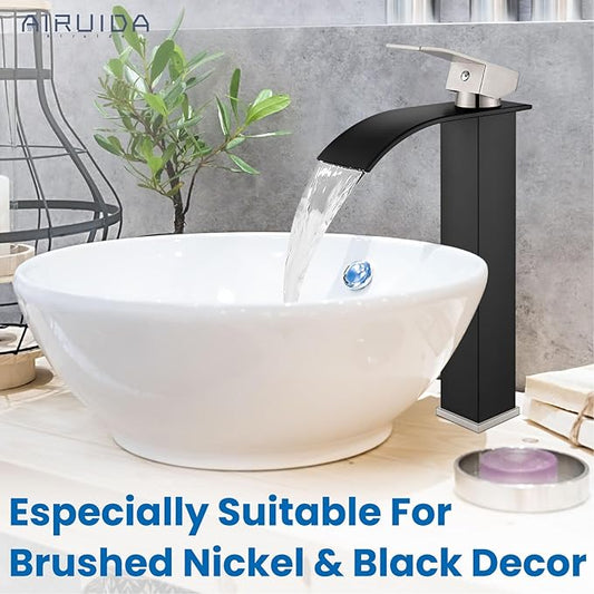 Airuida Vessel Sink Faucet Tall Waterfall Bathroom Fixtures Matte Black&Brushed Nickel Vanity Faucet for Sink 1 Hole Modern Lavatory Vessel Basin Faucet Deck Mount Single Handle Mixer Tap