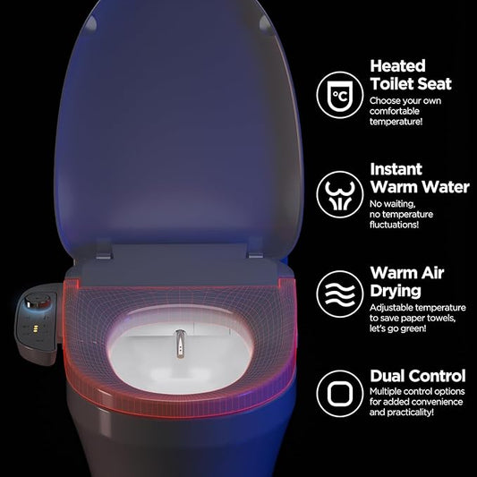 Bidet Toilet Seat - Heated & Elongated Design with Warm Water Wash, Wireless Remote, and Self-Cleaning Nozzle | Includes Soft-Closing Lid, LED Nightlight & Air Dryer