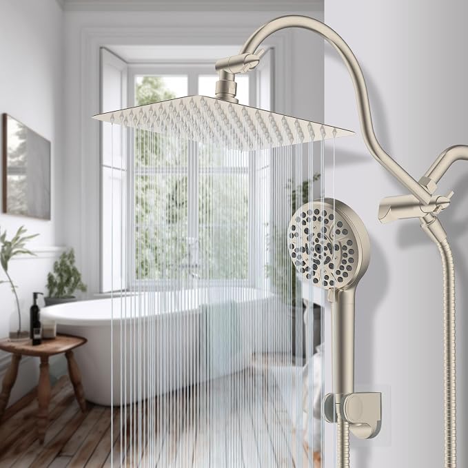 Hibbent All Metal CUPC Certified Shower Head, 10'' High Pressure Rainfall Shower Head, Handheld Showerhead Combo, 12'' Adjustable Extension Arm, 10 Sprays, 71'' Hose, Showerhead Holder, Brushed Nickel