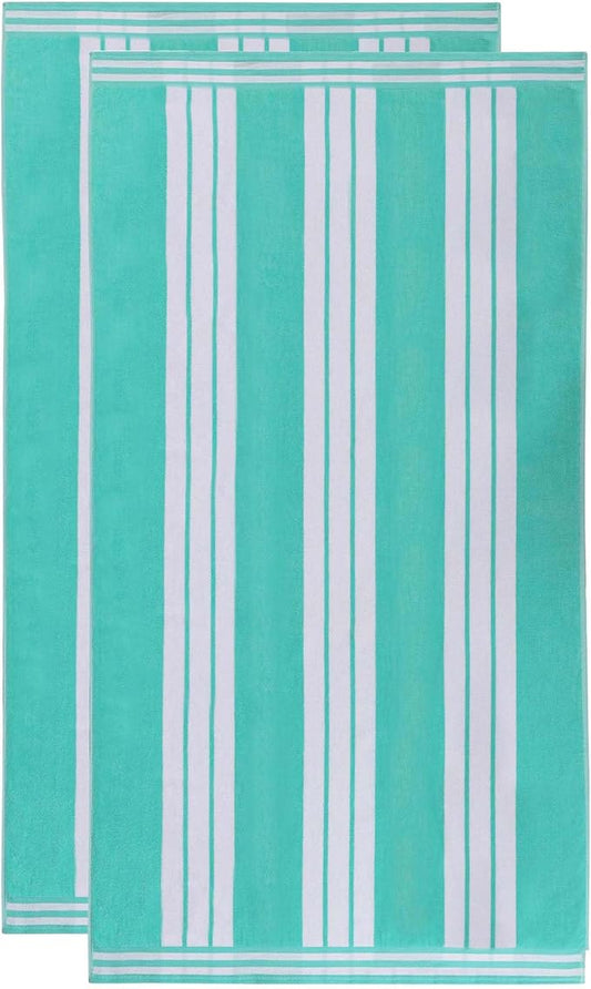Superior Oversized Cotton Beach Towel Set of 2, Absorbent Towels for Bathroom, Beach, Pool, Swim, Adults, Kids, Vacation, Travel, Bath Sheet, Quick Dry Basics, Trip Essentials, Striped Decor, Mint