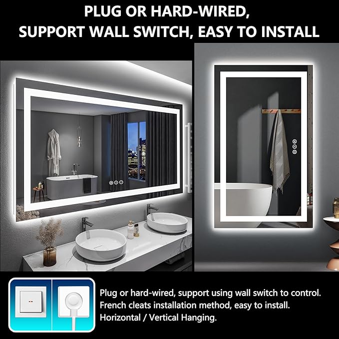 60x36 LED Bathroom Mirror with Lights, Lighted Vanity Mirror | Backlit and Front Light, Anti-Fog, 3 Color Dimmable, Memory, Tempered Glass, IP54 Waterproof, UL Listed