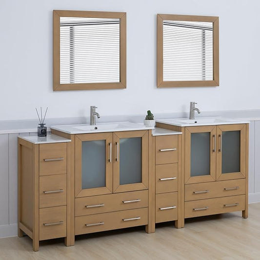 Vanity Art 84 Inch Under Mount Double Sink Bathroom Vanity Cabinet with 2 Mirrors, Ceramic Top Bathroom Cabinet Compact Set with 10 Dovetail Storage Drawers and Brushed Nickel Handles, VA3030-84-NO
