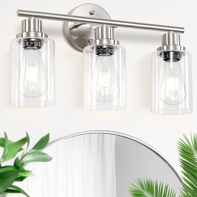 3-Light Brushed Nickel Vanity Lights, E26 Modern Bathroom Light Fixtures with Clear Glass Shade, Wall Lamps for Mirror Kitchen Hallway Cabinet Living Room Sconces Lights
