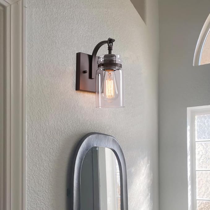 Wall Sconces Set of Two, Oil Rubbed Bronze Sconces Wall Lighting Fixtures with Clear Glass Indoor Farmhouse Bathroom Wall Sconce for Bathroom Hallway Stairwell