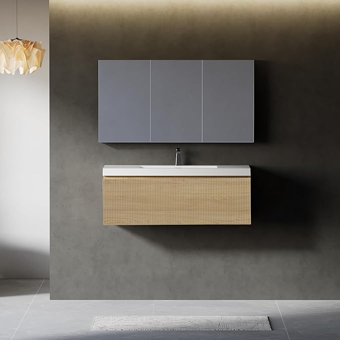 42" Floating Bathroom Vanity with Sink, Wall-Mounted Modern Oak Storage Cabinet, Wave-Textured Soft-Close Drawer & Glossy White Solid Surface Basin, Natural Oak