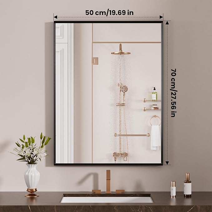 LOAAO Black Bathroom Mirror 20"X28" | Tempered Glass, Hangs Vertically or Horizontally, Easy to Install, Wall Mounted, Modern Design