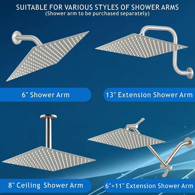 Voolan Rain Shower Head - High Flow Large Rainfall Shower Heads Made of Stainless Steel - Waterfall Bathroom Square Showerhead - Ceiling or Wall Mount (12 * 8 Inch Rectangle, Brushed Nickel)