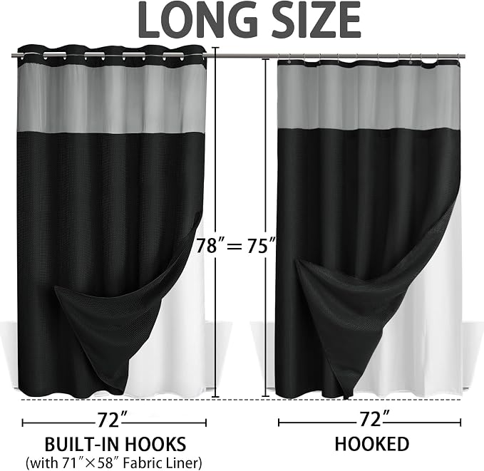No Hook Shower Curtain with Liner Set Hotel Waffle Curtain Black 72W X 78L | Washable Snap in Fabric Liner, Mesh Top Window, Waffle Hotel Style Shower Curtain Set