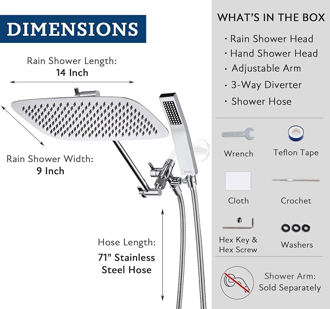 G-Promise All Metal 14" Rain Shower Head with Handheld for Bathroom Upgrade | All Metal, Built to Last, Easy Install, Adjustable Height & Angle for All Heights, Extra Long Hose, Modern Upgrade