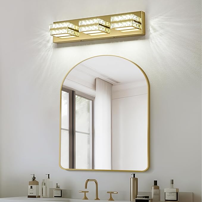Crystal Vanity Lights LED Bathroom Vanity Light Fixture Over Mirror Modern Indoor Gold Lamp, 6000K Cold White Dimmable, 3-Lights, 20W, ETL Listed