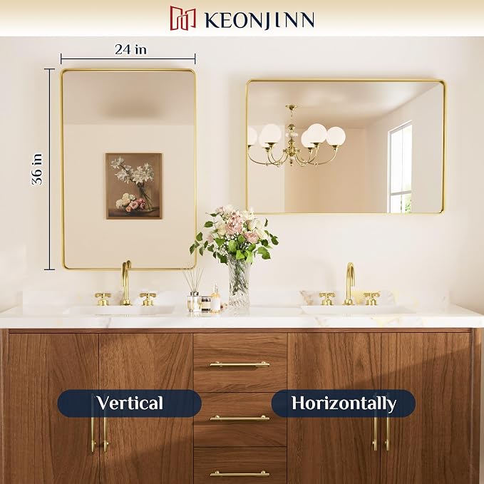 Keonjinn 24 x 36 Inch Gold Bathroom Mirrors for Over Sink, Tempered Glass | Brushed Finish, Brass Vanity Mirror, Anti-Rust Aluminum Frame, Rounded Rectangle, French Cleat Mount, Ideal for Home Décor