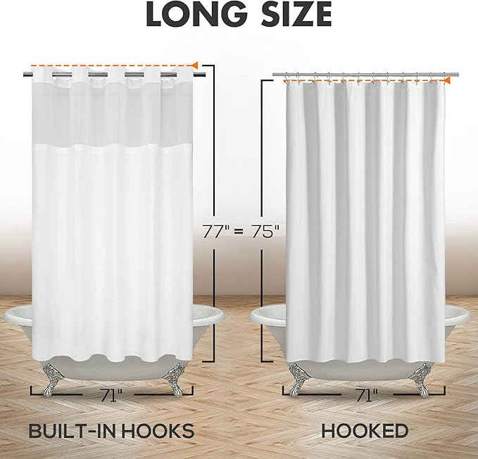 River Dream Long No Hook Slub Textured Shower Curtain with Snap-in PEVA Liner Set - 71" x 77"(75"), Hotel Style with See Through Top Window, Fabric Curtain & Waterproof Liner, White, 71x77 | Snap on/off Waterproof PEVA Liner, See Through Top Window, Sl...