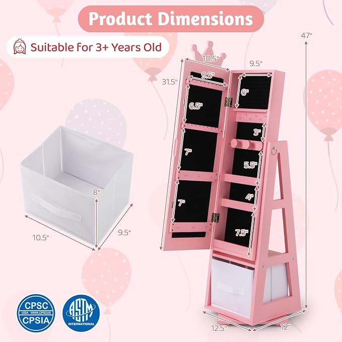 CHARMAID 360° Swivel Kids Jewelry Cabinet, 47" Full Length Mirror with Jewelry Storage, Jewelry Armoire with Drawer and Back Shelf, Kids Vanity Dressing Mirror Jewelry Organizer for Girls (Pink)