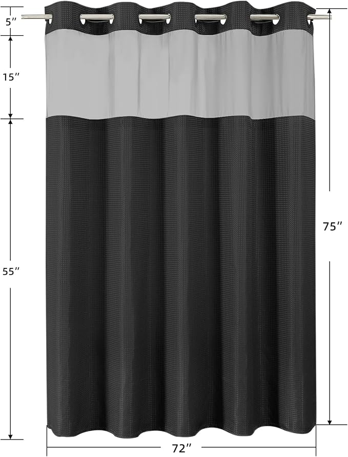 Colorful Star Black No Hook Waffle Shower Curtain with Liner, 72 x 75 Inch | Heavy Duty Thick Shower Curtain Sets with Snap in Fabric Liner and Mesh Top Window, Hotel Style Waterproof Bathroom Curtain