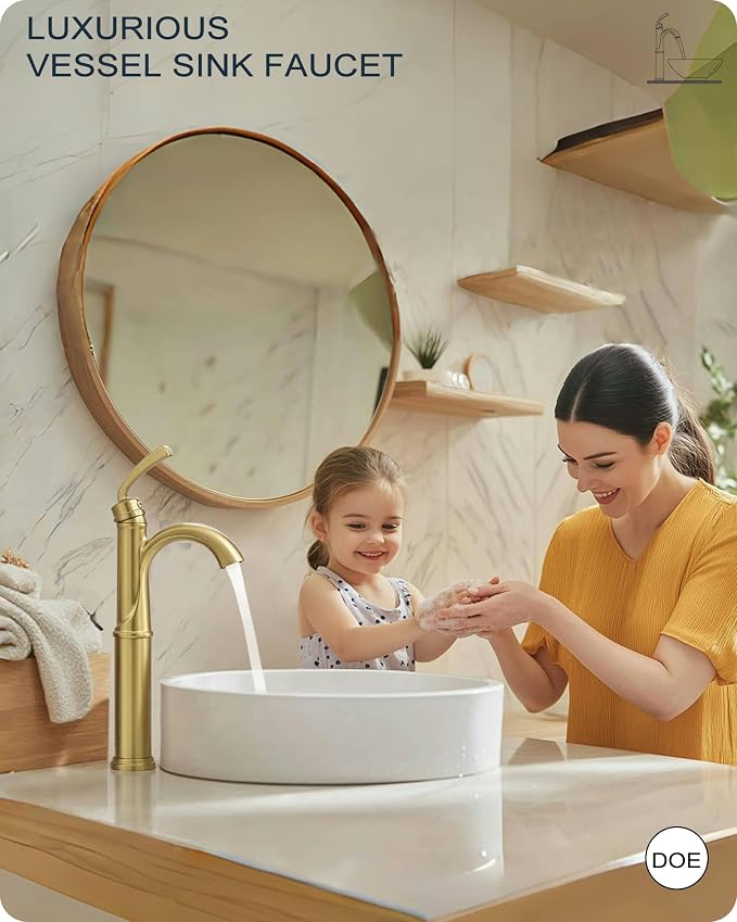 Gold Vessel Sink Faucet, Brass Tall Bathroom Sink Faucet One Hole with 1 Handle, Pop Up Drain, cUPC Supply Hoses & Aerator for Above Counter Basin, Arched Spout Design, 5 Mins Quick Installation