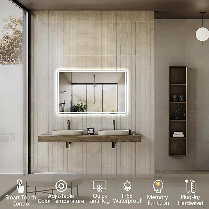 Niccy Rectangle LED Bathroom Mirrors, Vanity Mirror with Lights, 24"x36" | Frameless Lighted Mirror for Bedroom Living Room, 3 Colors & Stepless Dimmable Anti-Fog Memory Function, Horizontal/Vertical