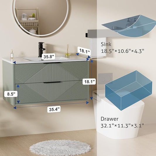 LUCKWIND 36" Floating Bathroom Vanity with Sink Combo, Wall Mounted Floating Cabinet with 2 Large Soft-Close Drawers & Water Saving Faucet, Geometric Textured Design in Green