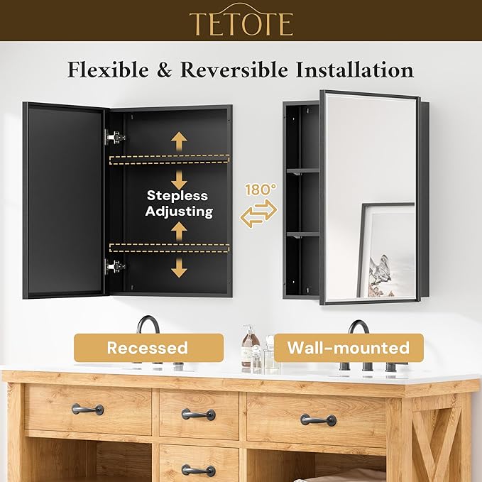 TETOTE Medicine Cabinet Mirror 24" x 30" Black Bathroom Mirrored Cabinets with Stepless Adjustable Shelves Beveled Aluminum Frame, Wall-Mounted or Recessed