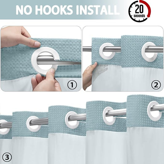 No Hook Shower Curtain with Liner Set Hotel Waffle Curtain Cyan 72W X 75L | Washable Snap in Fabric Liner, Mesh Top Window, Waffle Hotel Style Shower Curtain Set